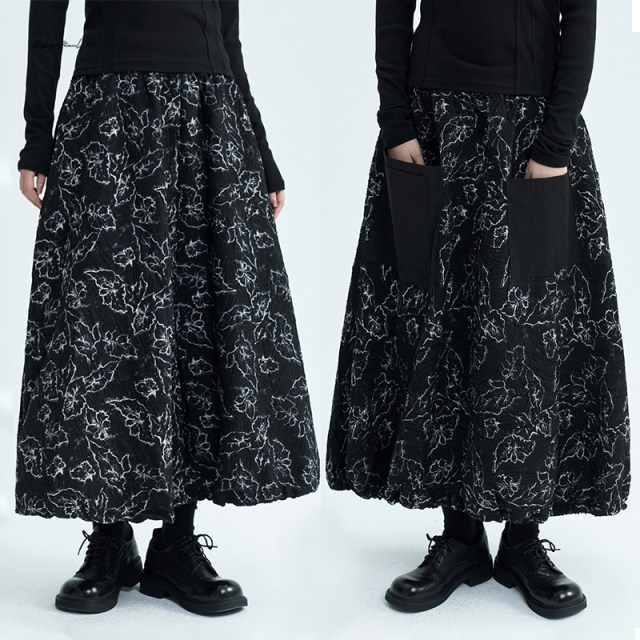 Lu and Yamamoto's dark front and back wear pleated printed texture versatile skirt black A-line pleated skirt