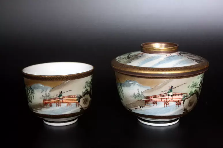 日本陶瓷九谷烧茶道具/名工武腰泰山造山水人物盖碗、茶杯一组2件-Taobao