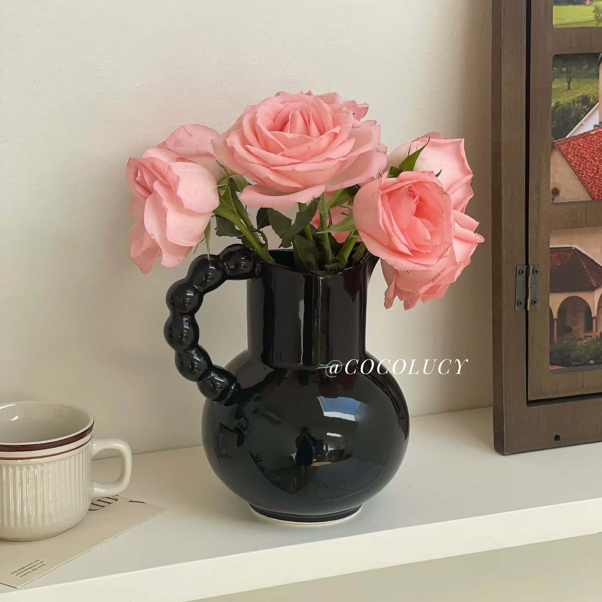 黑色法式奶壶陶瓷花瓶摆件客厅插花玫瑰高级感小众餐桌家居装饰品-Taobao