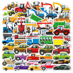 50 Cartoon Graffiti Stickers of Cars and Construction Vehicles for Children's Pencil Cases, Toys, Decorative Water Bottles, Waterproof Stickers