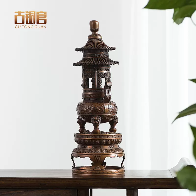 DA178 唐物 中国古代 銅仏 塔形 置香炉／ 箱付 時代のかけあり 美品 G 