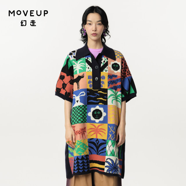 MOVEUP Fantasy Walk 2023 Autumn New Style.FUN Series Lapel Contrast Color Jacquard Designer Mid-Length Sweater for Women
