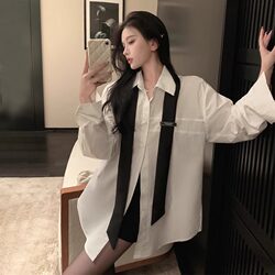 White Mid-Length Shirt for Women, Spring Sun Protection, European Style, Oversized Shirt That Covers the Hips, Tie Design, Unique Top