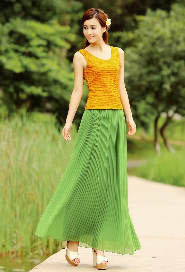 雀后[bq5693]2015夏装新款百褶大摆伞裙拖地雪纺仙女半身裙长裙