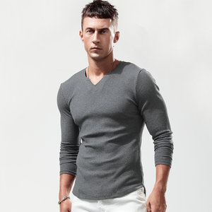 Men's long-sleeved T-shirt V-neck texture-sensing thread base shirt slim-fitting pure cotton spring and autumn tops trendy and versatile