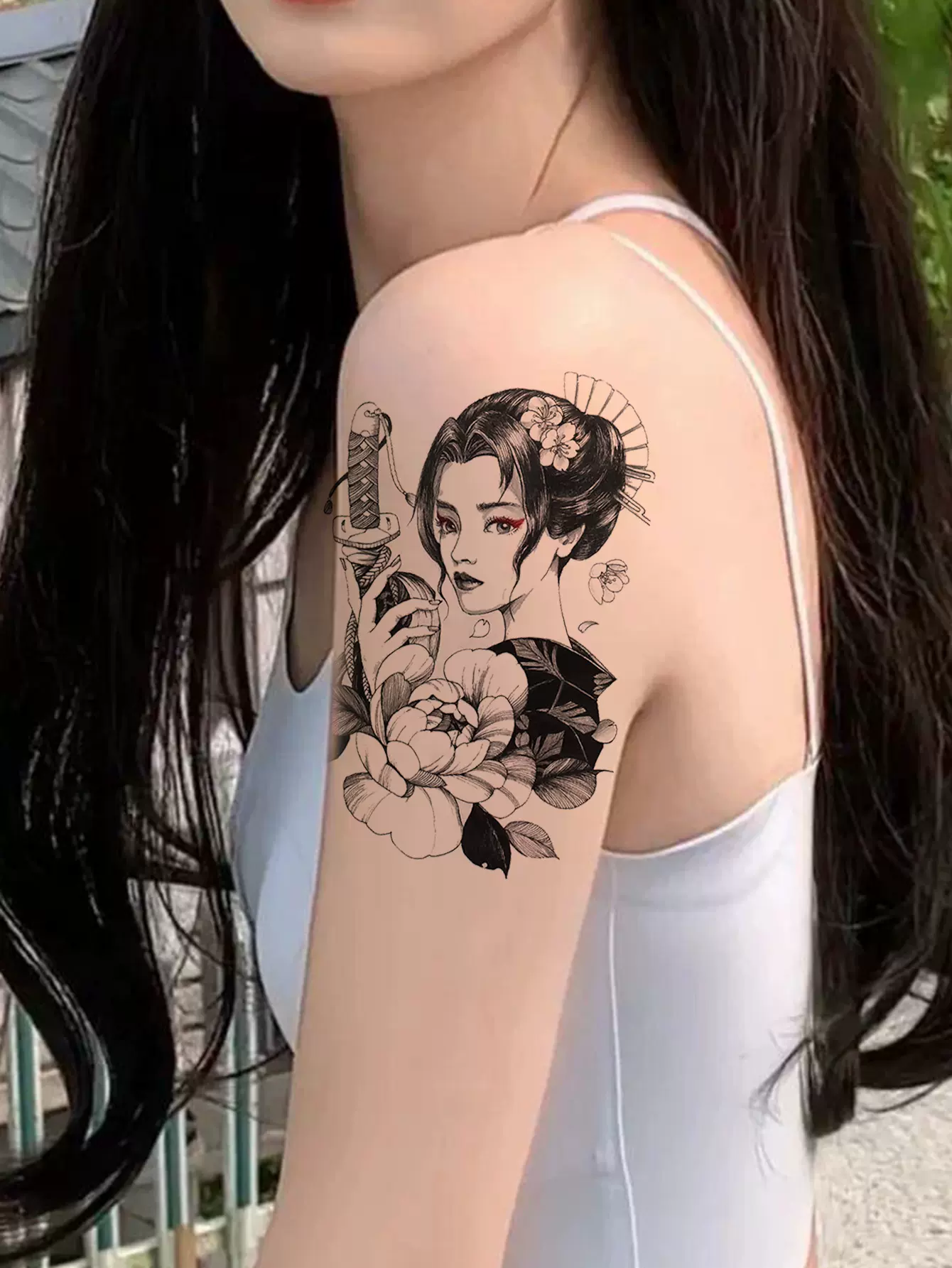 两张刺客美女艺妓花臂暗黑款半臂狐狸面具网红美女性感纹身贴