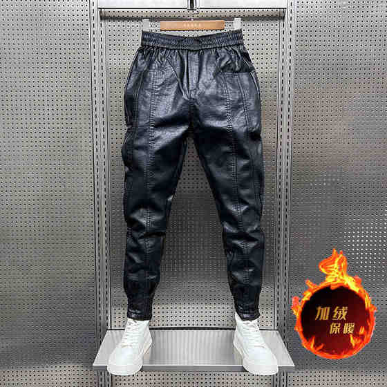 
Winter plus velvet leather pants for men's small feet thick casual pants trendy brand express delivery windproof waterproof buckle motorcycle pants