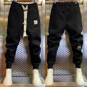 
Trendy brand street sweatpants men's autumn and winter plus velvet new handsome slim fit sports black casual nine-point pants
