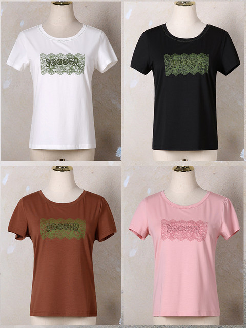 Yizhi Manor 2025 summer new pink loose short short sleeve T-shirt base shirt embroidered women's top 2251501
