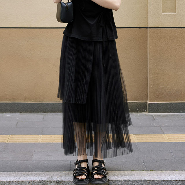 2025 summer new product stacked yarn high-waisted slim skirt for women fashion versatile temperament design A-line mid-length skirt
