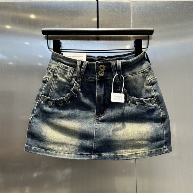 Retro old denim skirt for women in autumn new niche pocket design high waist slim hot girl hip-pack skirt