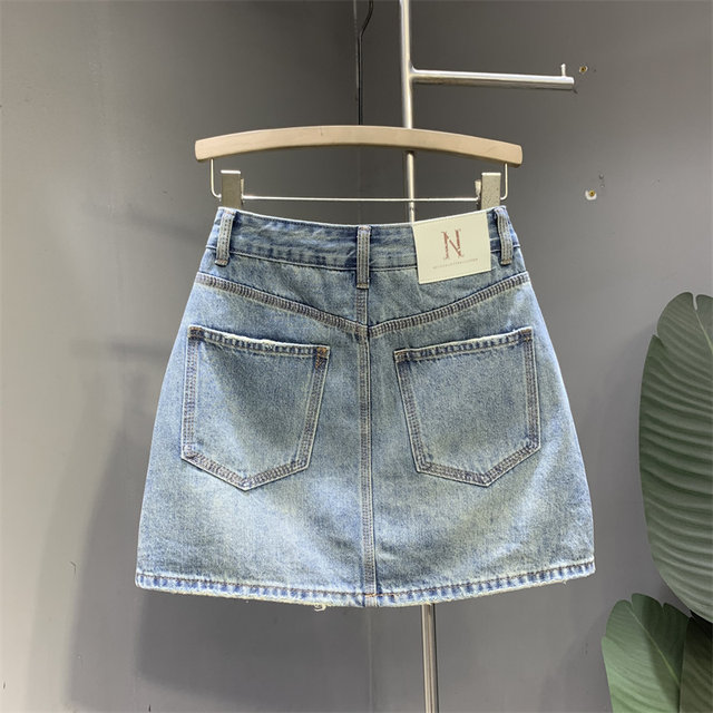 European products 2024 summer new fashionable pocket light blue wash A-line denim skirt temperament simple hip-pack skirt
