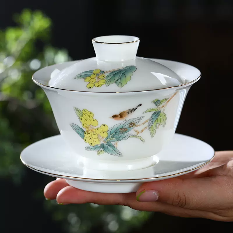 羊脂玉陶瓷盖碗白瓷茶碗带盖单个三才碗家用功夫泡茶具茶备茶盅-Taobao