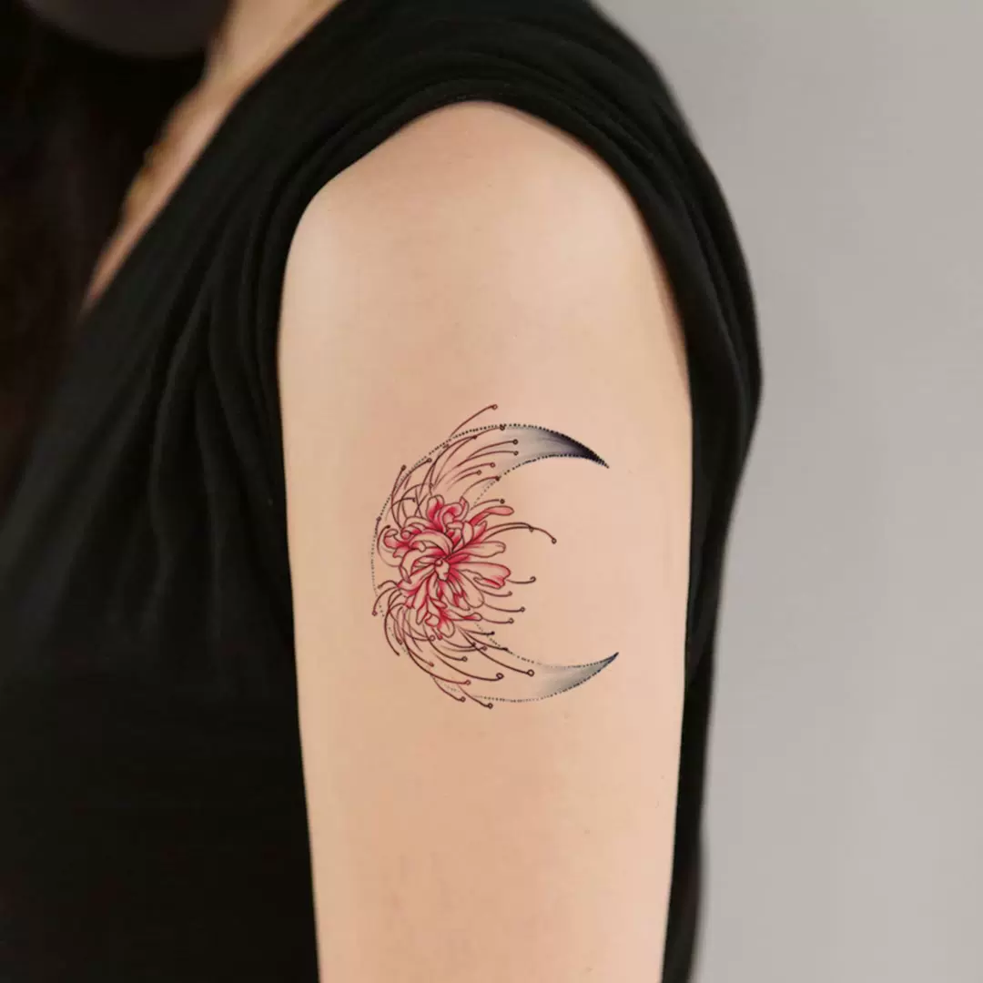 创意彼岸花纹身贴ins风古风月亮防水女性感锁骨腹部手臂刺青