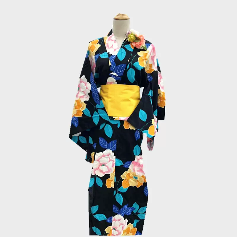 出口日本高品質黑底大花大氣款夏日祭傳統和服浴衣