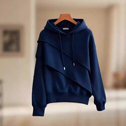 Casual Lazy Style Navy Blue Irregular Hooded Sweatshirt for Women 2026 Spring Large Size Loose and Versatile Fashionable Top