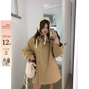 
Your Fish London Metropolis Korean Style Slightly Fat MM Gentle Lapel Double-breasted Loose Mid-Length Woolen Coat