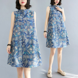 
Chinese style Chinese style modified version of cheongsam female fat girl casual mid-length skirt temperament age-reducing summer sleeveless dress