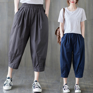 
Cropped pants for women loose summer thin cotton linen harem pants high waist large size fat mm slim mid-trousers breeches casual pants