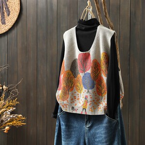 Retro printed cotton knitted vest loose women's autumn and winter V-neck layered vest top sweater vest trendy
