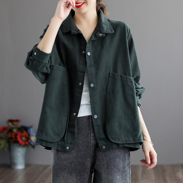 Workwear short jacket for women in autumn new large size Korean style retro all-match loose slim casual large pocket jacket trendy