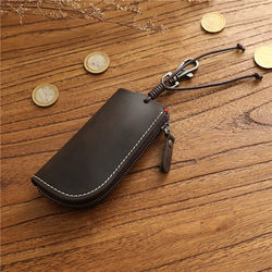 Simple Genuine Leather Zipper Car Key Case for Men, Waist-Hanging Crazy Horse Top Layer Cowhide Large Capacity Multifunctional Key Case