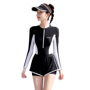 Women's 2025 new style of swimsuit covering belly and slimming one-piece long-sleeved flat corner swimming pool conservative hot spring professional swimsuit