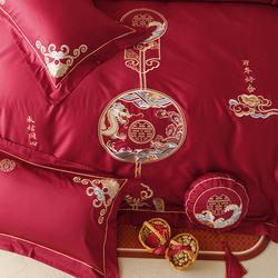New Chinese Style Wedding Red Cotton Four-piece Embroidered Cotton Quilt Cover Bed Sheet Wedding Dowry Wedding Room Bedding