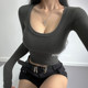 Windmill and Spear European and American style low-cut U round neck tight long-sleeved T-shirt for women thin velvet base shirt short turtle top
