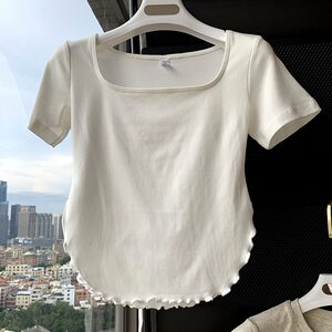 
Large size women's clothing 300*0.5kg fat mm black ears square neck short-sleeved T-shirt hot girl summer new style front shoulder slim top trendy