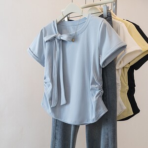 
300*0.5kg plus size women's clothing for fat mm slimming right shoulder waist shirring new design niche lace up chic top 2
