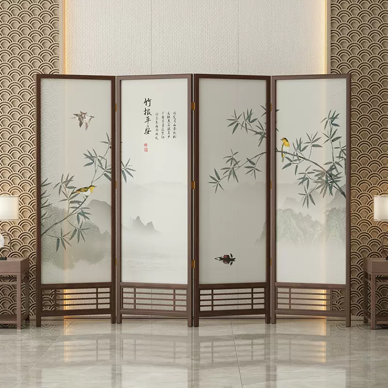 中式实木移动折叠屏风隔断书房办公室茶室遮挡古风镂空字画竹子图