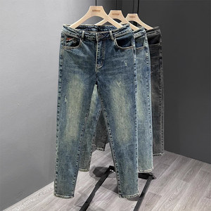
High-end washed slim jeans for men 2024 new trendy brand handsome casual versatile stretchy long pants for small feet