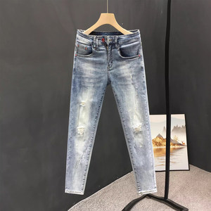 
Ripped jeans men's trendy brand 2025 summer thin slim fit small feet elastic and handsome versatile casual nine-point pants
