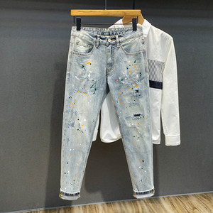 
Fashionable brand ink jeans men's summer new Korean style trendy slim elastic ripped handsome little feet nine-point pants