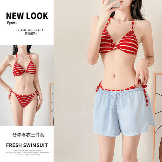 
Sweet girl striped sexy hottie string pure desire bikini hot spring vacation long-sleeved three-piece swimsuit for women