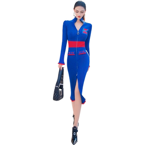 
Autumn and winter fashion open-clad knitted long skirt new fashion stand collar ins trendy flared sleeve over knee dress