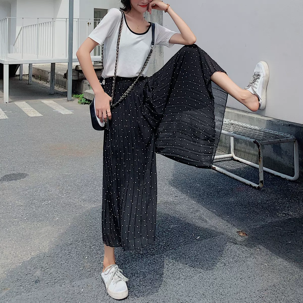 百褶雪紡闊腿褲女七分細波點夏季薄款涼