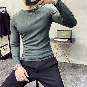 Autumn and Winter Round Neck Sweater Men's Korean Slim Fit Pullover High Neck Sweater Business Casual Knitwear Solid Color Bottom Shirt