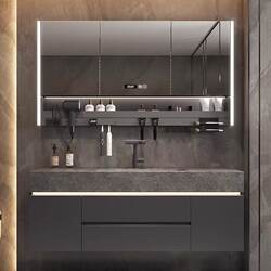 Smart Bathroom Cabinet with Integrated Stone Countertop and Heat-Bent Basin, Light Luxury Style Washbasin and Cabinet Combination for Bathroom