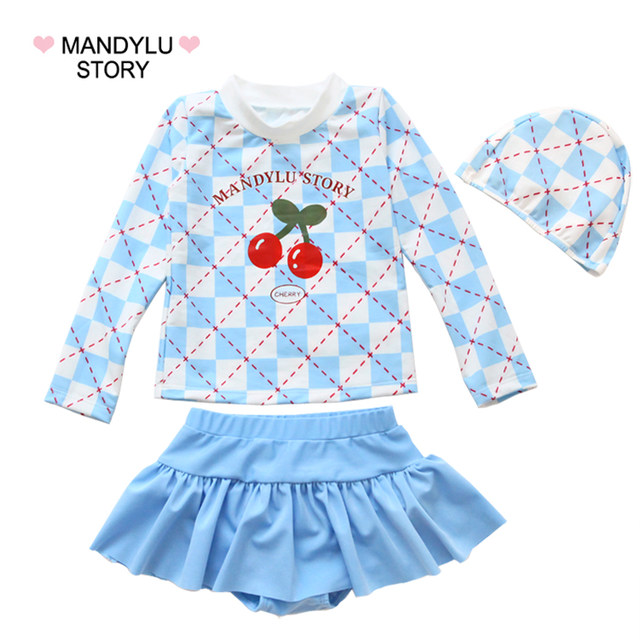 Children's long-sleeved swimsuit split sun protection skirt pants flat angle girl hot spring senior children girl swimsuit medium big children