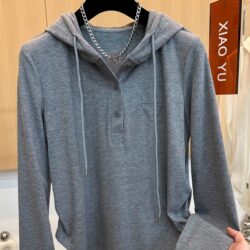 High-End European Fashion Spring Style Casual Hooded Drawstring Half-Button Slim-Fit Long-Sleeve T-Shirt Versatile Hoodie Top for Women