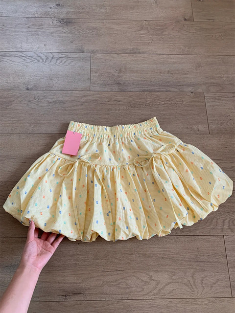 Dopamine yellow floral polka dot flower bud skirt for women in summer large size high waist A-line short skirt ruffled cake skirt