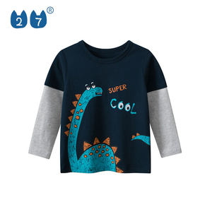
27kids autumn new children's dinosaur print fake two-piece long-sleeved T-shirt Korean version boy's fashionable pure cotton top