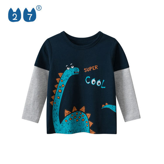
27kids autumn new children's dinosaur print fake two-piece long-sleeved T-shirt Korean version boy's fashionable pure cotton top