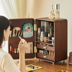 Solid Wood Cosmetics Storage Box Desktop Dust-Proof Makeup Cabinet Dressing Table Large Capacity Lipstick and Skin Care Product Storage Rack