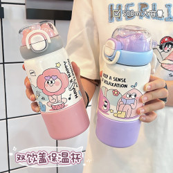 Xiaocha Diary Three-Use Thermos Cup, Large Capacity, New Model, Cute Water Cup for Girls, Portable Straw Cup for Kidsren and Students