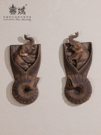 タイ製 手彫り 象 壁掛け木彫アート アジアン 彫刻 雑貨 ヴィンテージ タイの木製象の彫刻 - 東南アジアの壁飾り