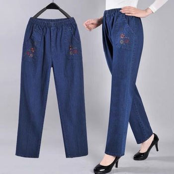 Middle-aged and elderly women's jeans with elastic waist, summer thin, straight, loose embroidered jeans for the elderly.