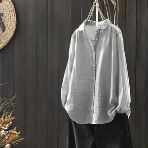 
Double-layer cotton yarn light gray shirt for women for autumn cotton shirt loose long-sleeved lapel fashionable retro top
